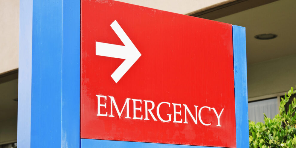 red and blue emergency room sign